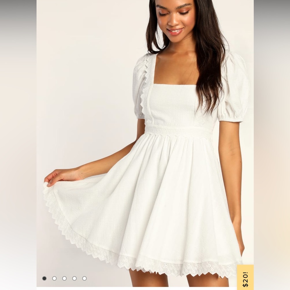 Lulus // Strolling Seville White Textured Backless Puff Sleeve Mini Dress